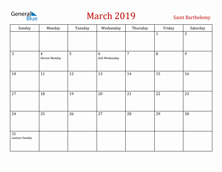 Saint Barthelemy March 2019 Calendar - Sunday Start