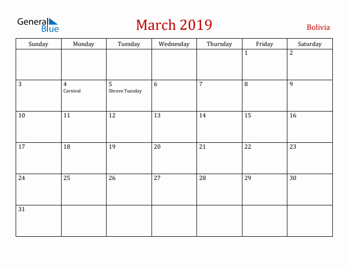 Bolivia March 2019 Calendar - Sunday Start