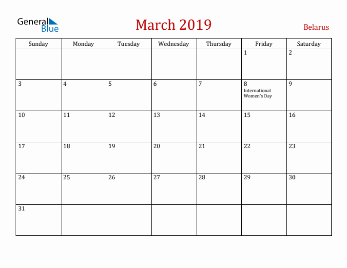 Belarus March 2019 Calendar - Sunday Start