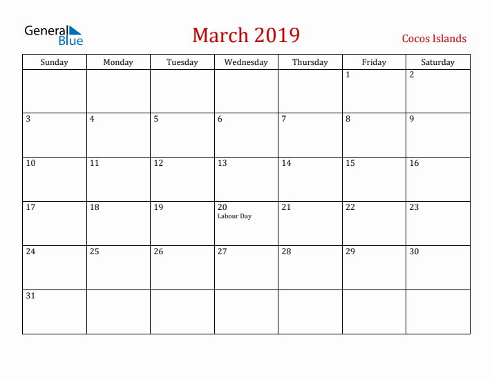 Cocos Islands March 2019 Calendar - Sunday Start