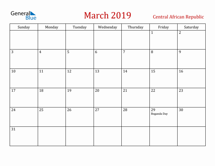 Central African Republic March 2019 Calendar - Sunday Start