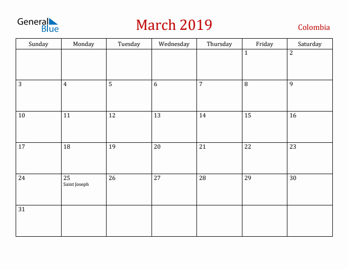 Colombia March 2019 Calendar - Sunday Start