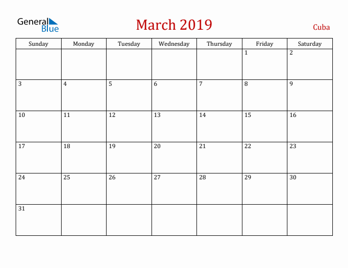 Cuba March 2019 Calendar - Sunday Start