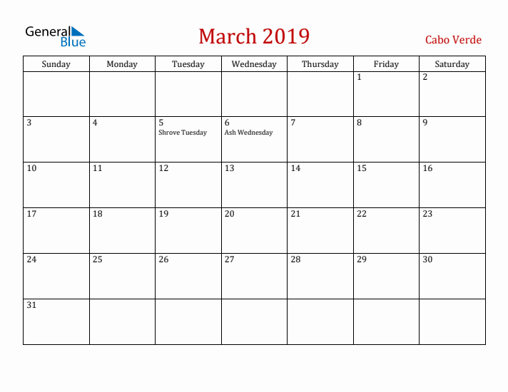 Cabo Verde March 2019 Calendar - Sunday Start
