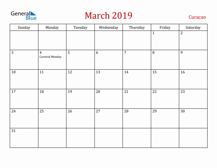 Curacao March 2019 Calendar - Sunday Start
