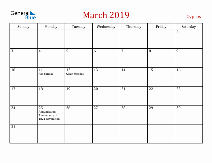 Cyprus March 2019 Calendar - Sunday Start