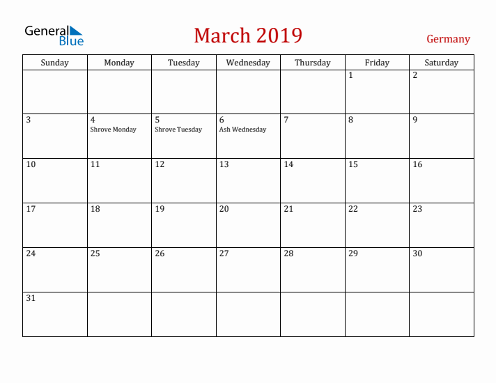 Germany March 2019 Calendar - Sunday Start