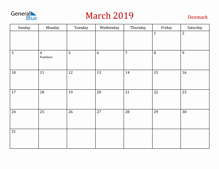 Denmark March 2019 Calendar - Sunday Start