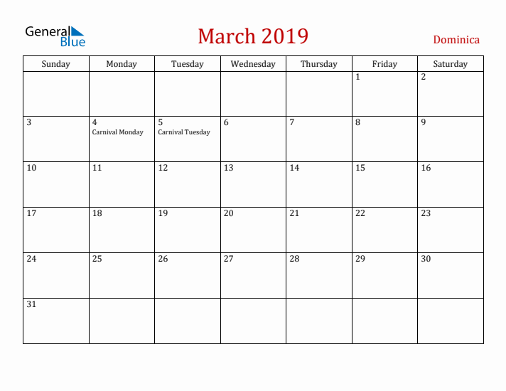 Dominica March 2019 Calendar - Sunday Start