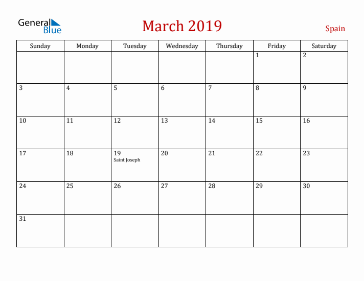 Spain March 2019 Calendar - Sunday Start