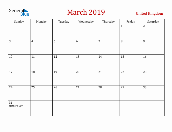 United Kingdom March 2019 Calendar - Sunday Start