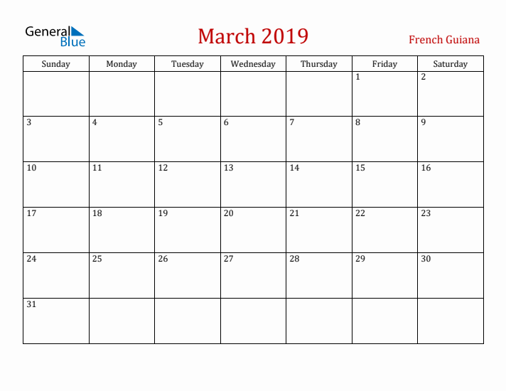 French Guiana March 2019 Calendar - Sunday Start