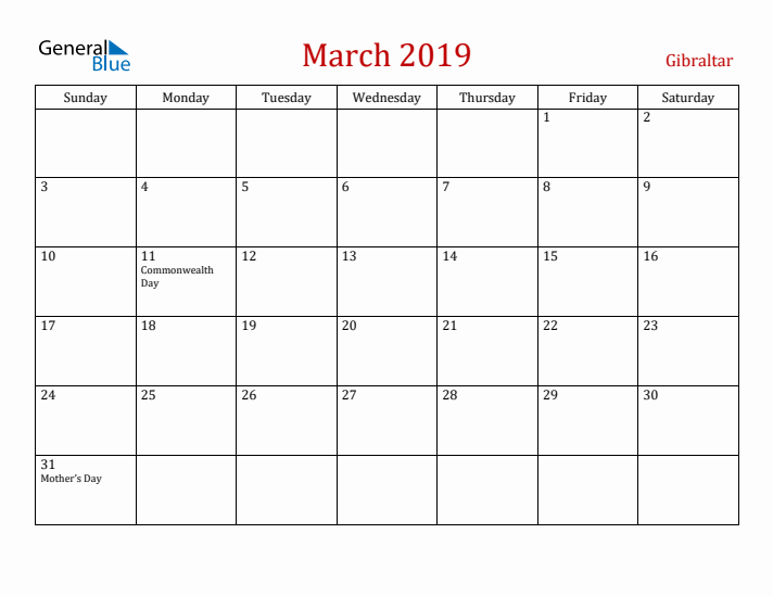Gibraltar March 2019 Calendar - Sunday Start