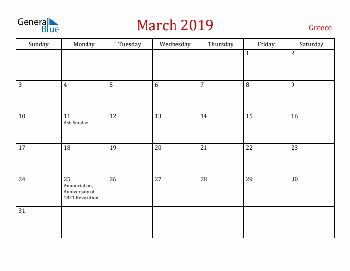 Greece March 2019 Calendar - Sunday Start