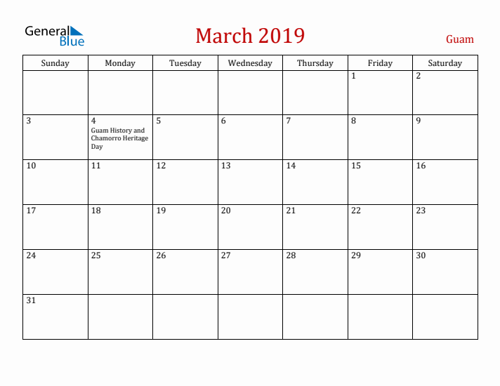 Guam March 2019 Calendar - Sunday Start