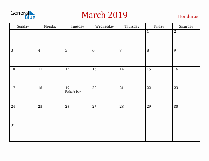 Honduras March 2019 Calendar - Sunday Start