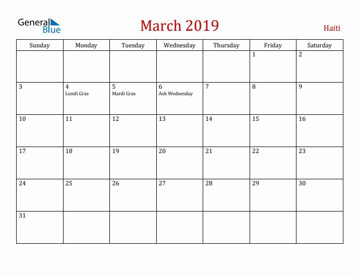 Haiti March 2019 Calendar - Sunday Start