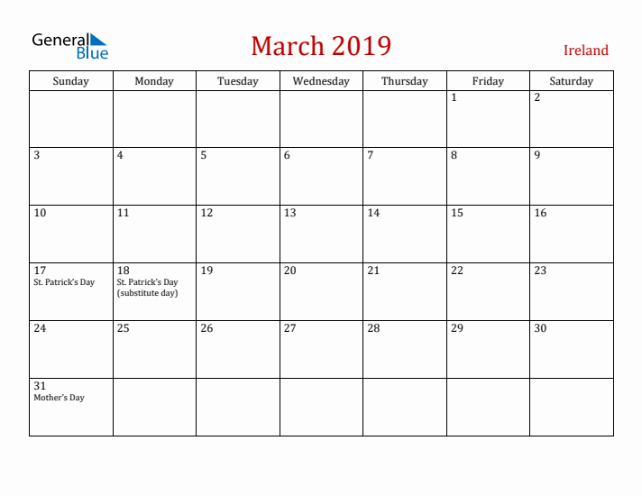 Ireland March 2019 Calendar - Sunday Start