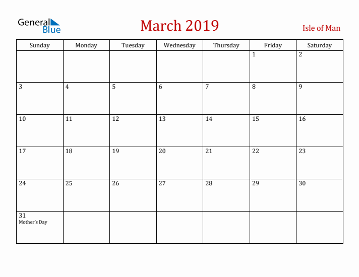 Isle of Man March 2019 Calendar - Sunday Start