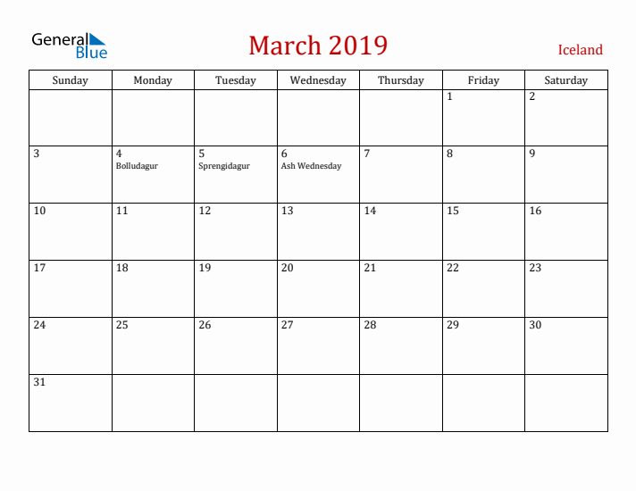 Iceland March 2019 Calendar - Sunday Start