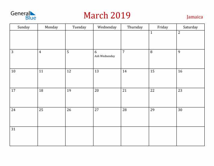 Jamaica March 2019 Calendar - Sunday Start