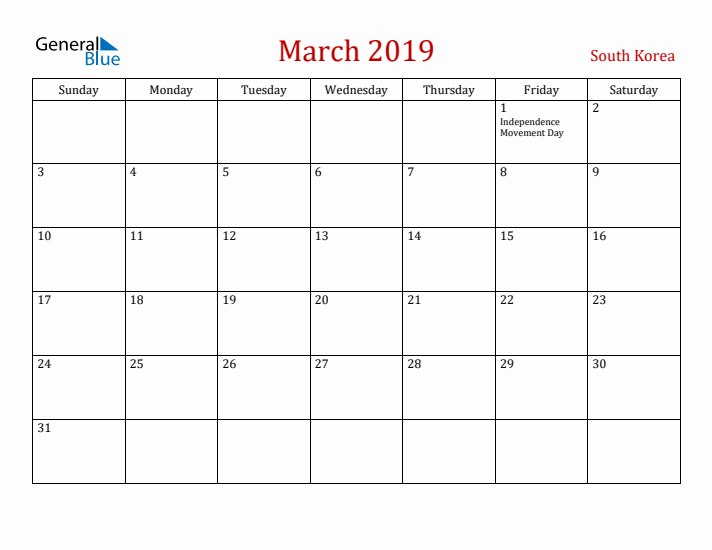 South Korea March 2019 Calendar - Sunday Start