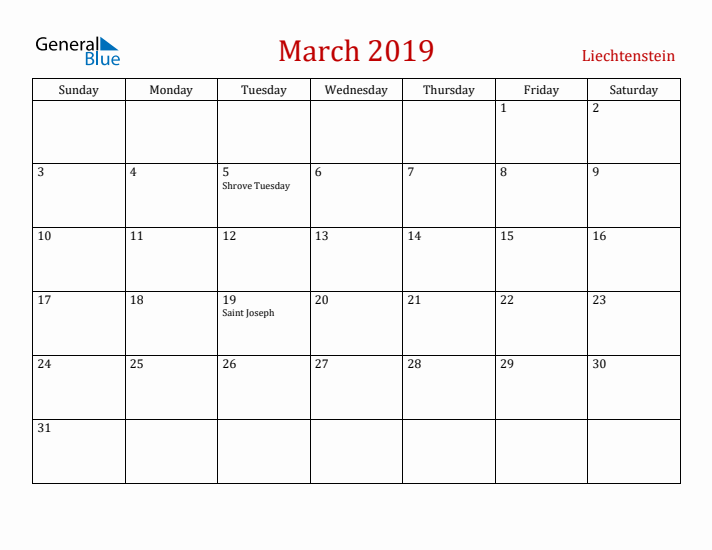 Liechtenstein March 2019 Calendar - Sunday Start