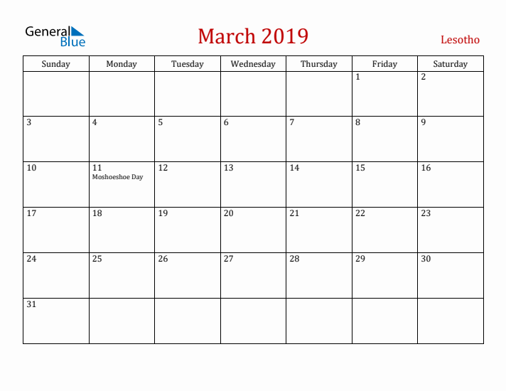 Lesotho March 2019 Calendar - Sunday Start