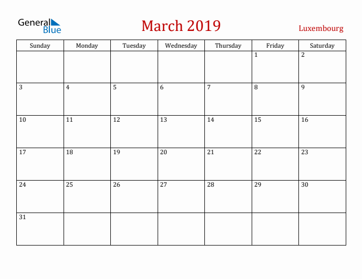 Luxembourg March 2019 Calendar - Sunday Start