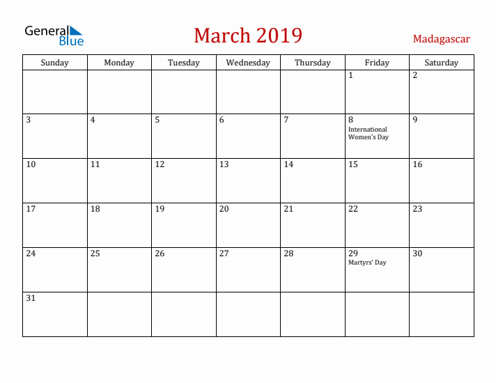 Madagascar March 2019 Calendar - Sunday Start