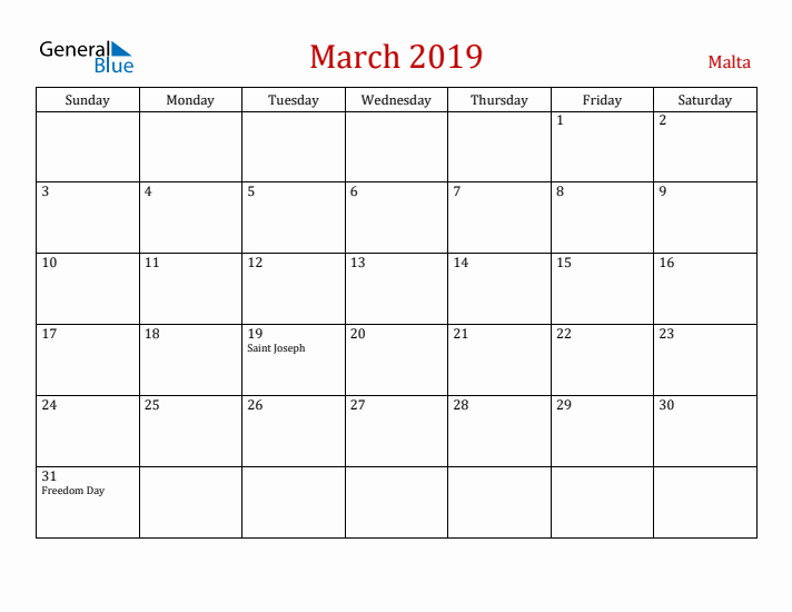Malta March 2019 Calendar - Sunday Start
