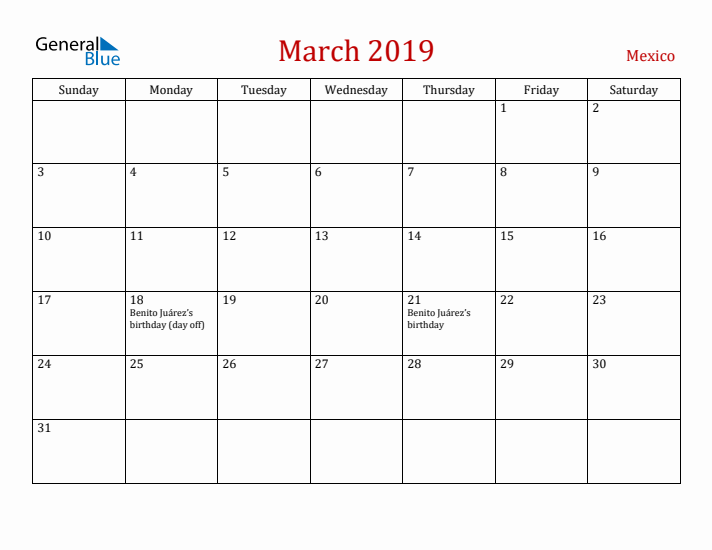 Mexico March 2019 Calendar - Sunday Start