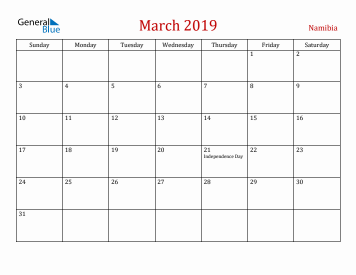 Namibia March 2019 Calendar - Sunday Start