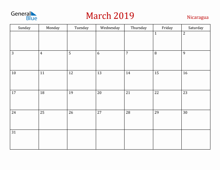 Nicaragua March 2019 Calendar - Sunday Start