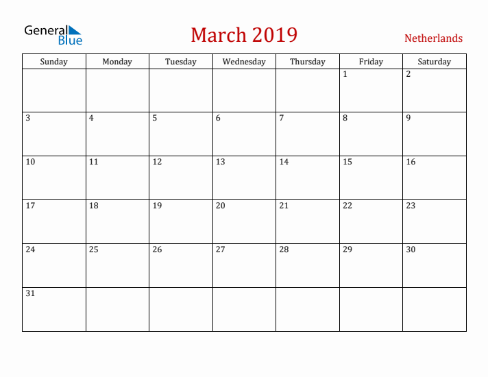 The Netherlands March 2019 Calendar - Sunday Start