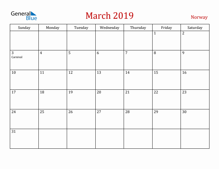 Norway March 2019 Calendar - Sunday Start