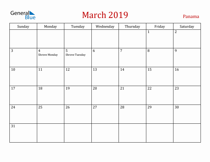 Panama March 2019 Calendar - Sunday Start