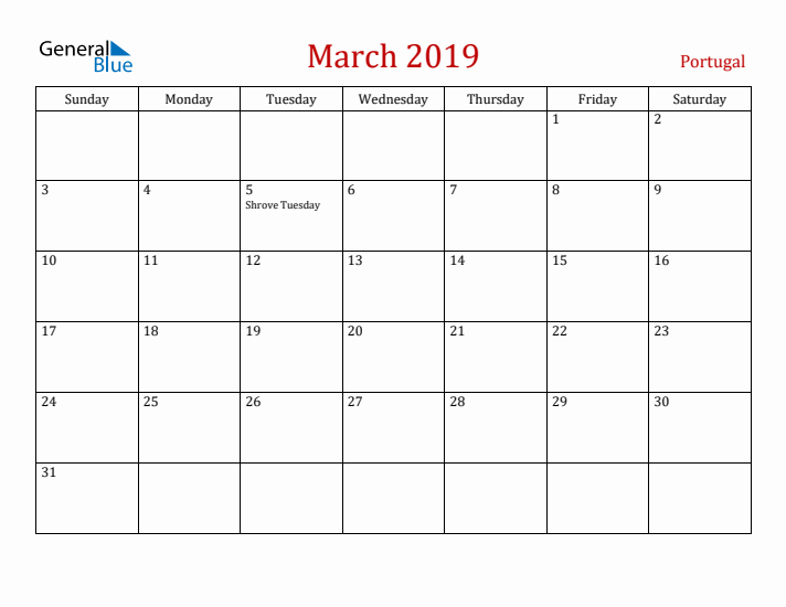 Portugal March 2019 Calendar - Sunday Start