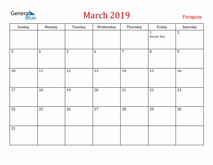 Paraguay March 2019 Calendar - Sunday Start