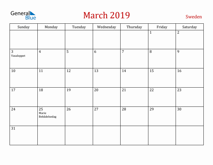 Sweden March 2019 Calendar - Sunday Start