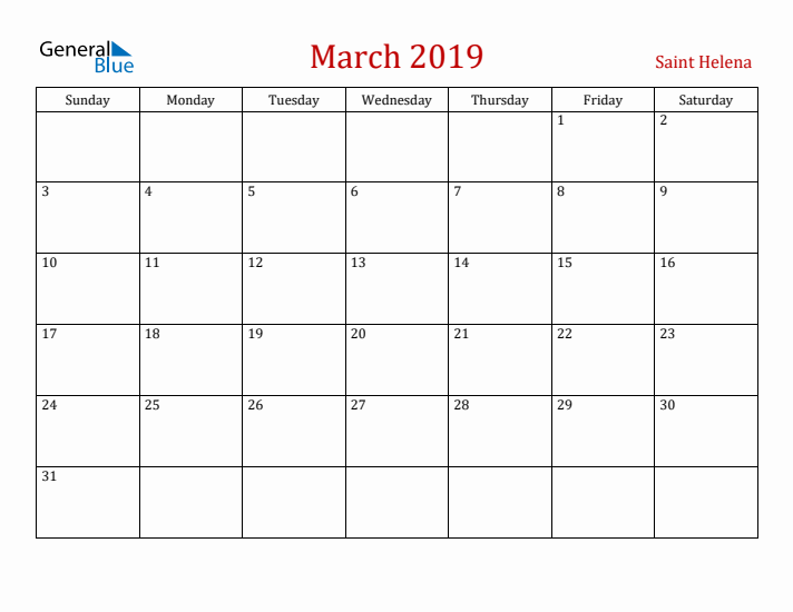 Saint Helena March 2019 Calendar - Sunday Start