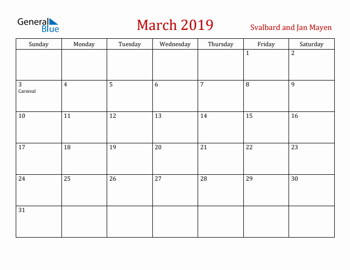 Svalbard and Jan Mayen March 2019 Calendar - Sunday Start