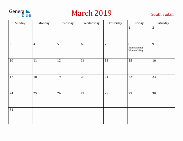 South Sudan March 2019 Calendar - Sunday Start