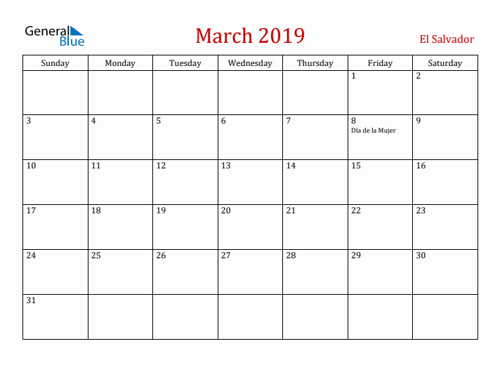 El Salvador March 2019 Calendar - Sunday Start