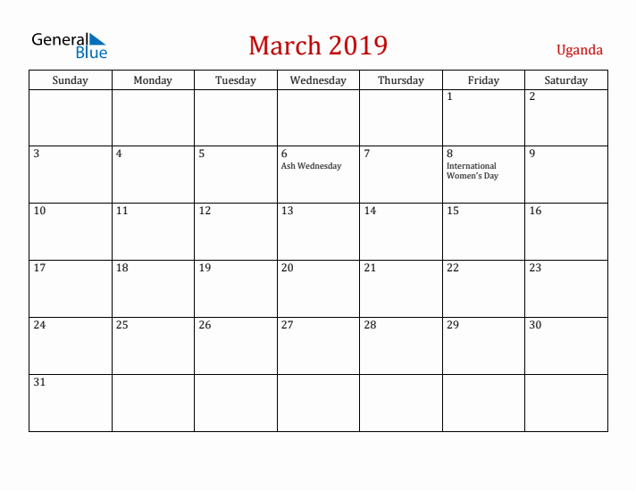 Uganda March 2019 Calendar - Sunday Start