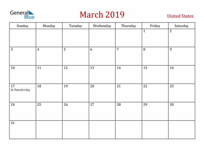 United States March 2019 Calendar - Sunday Start