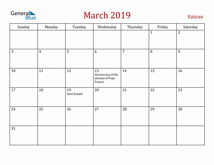 Vatican March 2019 Calendar - Sunday Start