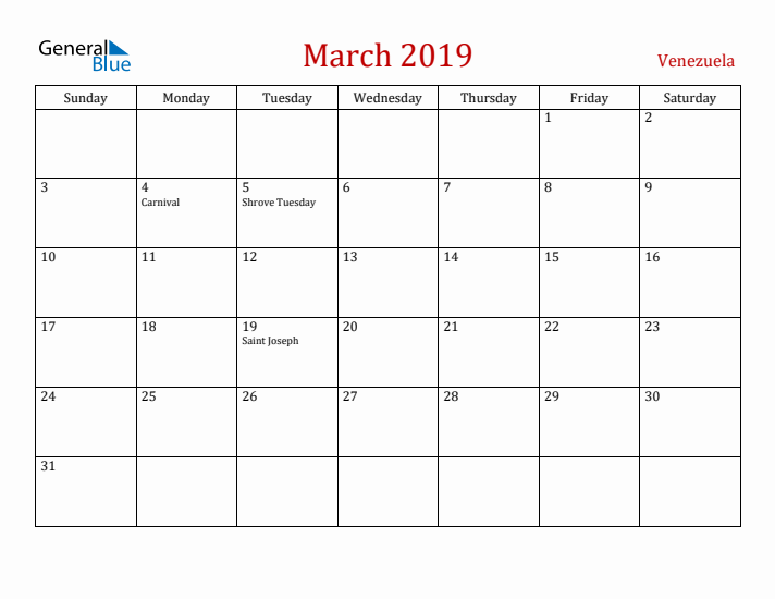 Venezuela March 2019 Calendar - Sunday Start