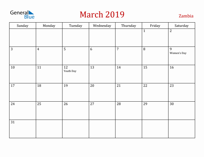 Zambia March 2019 Calendar - Sunday Start