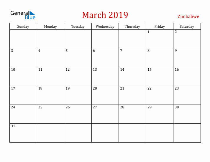 Zimbabwe March 2019 Calendar - Sunday Start